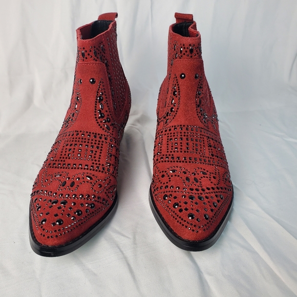 Bibi Lou Red Suede Rhinestone Western Ankle Boots in EU Size 38, US 7.5. - Picture 3 of 13